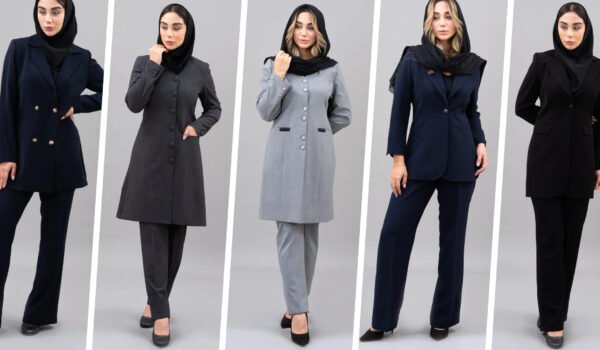 پنج مدل از مجموعه برند مانتو اداری عاج شامل مانتوهای بلند رسمی و شلوارهای ست، با رنگ‌های تیره و مقنعه مشکی.