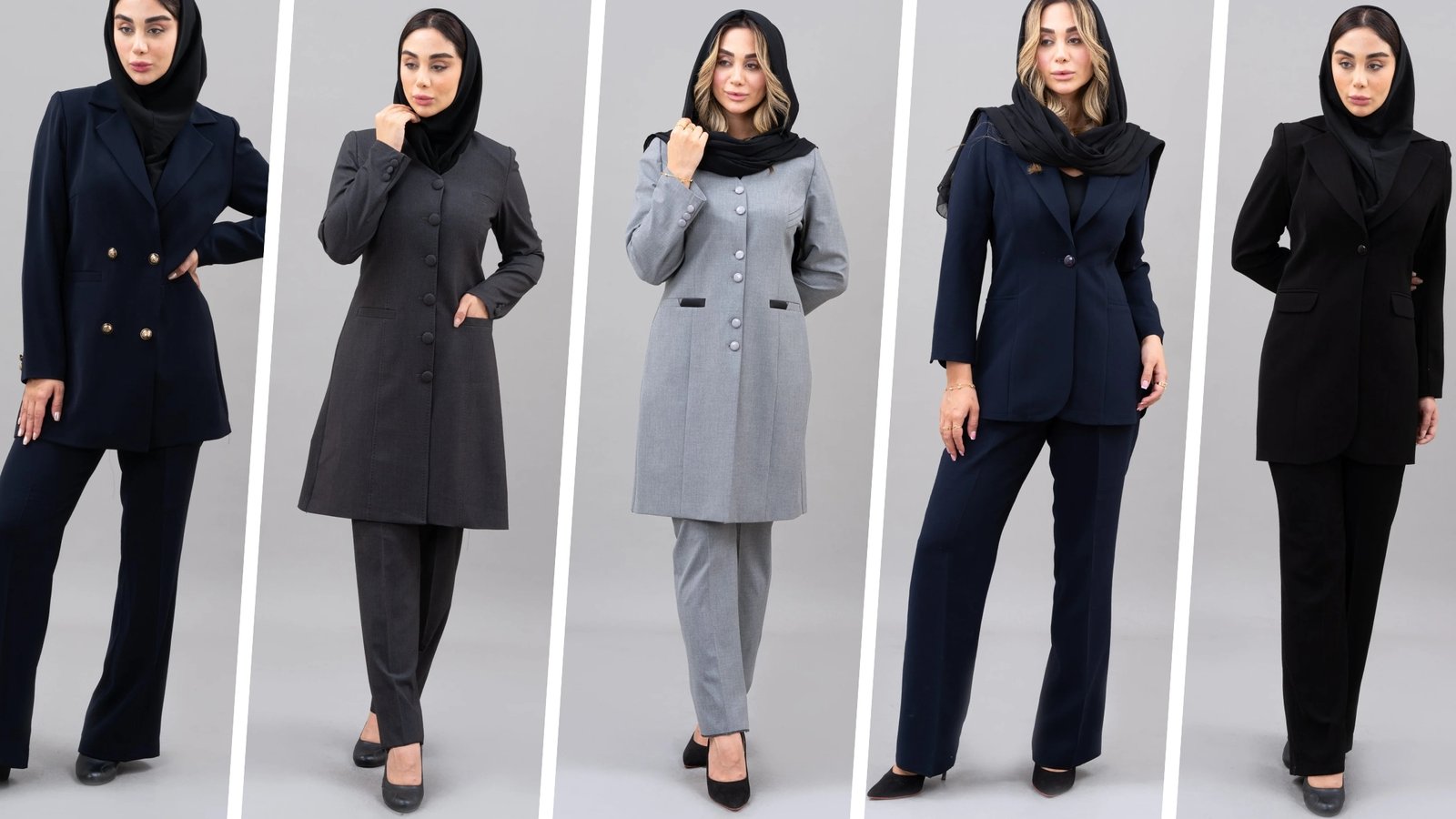 پنج مدل از مجموعه برند مانتو اداری عاج شامل مانتوهای بلند رسمی و شلوارهای ست، با رنگ‌های تیره و مقنعه مشکی.